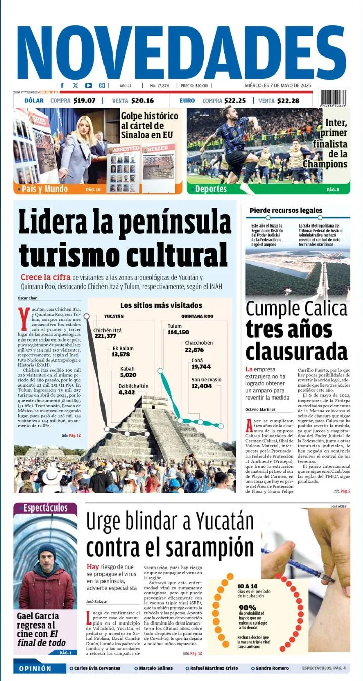 Portada de Novedades Quintana Roo del miércoles, 7 de mayo de 2025
