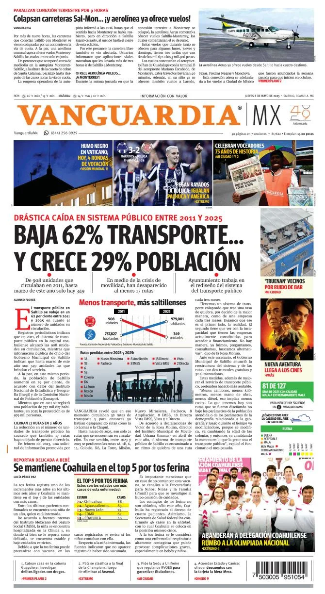 Portada de Vanguardia del jueves, 8 de mayo de 2025