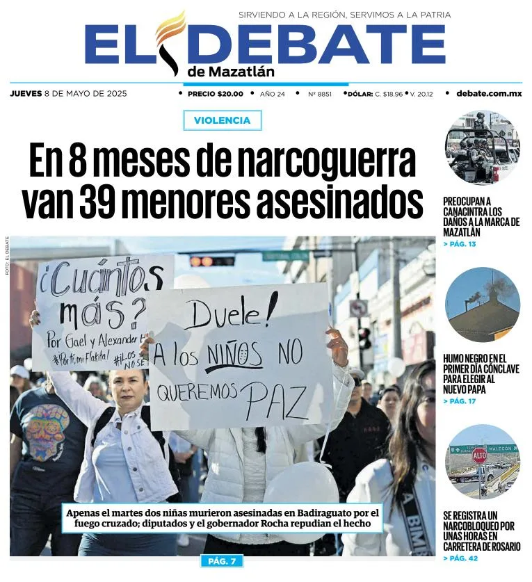 Portada de El Debate de Mazatlan del jueves, 8 de mayo de 2025