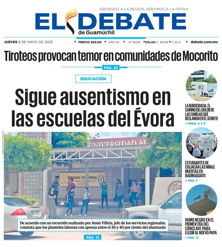 Portada de El Debate de Guamuchil del jueves, 8 de mayo de 2025