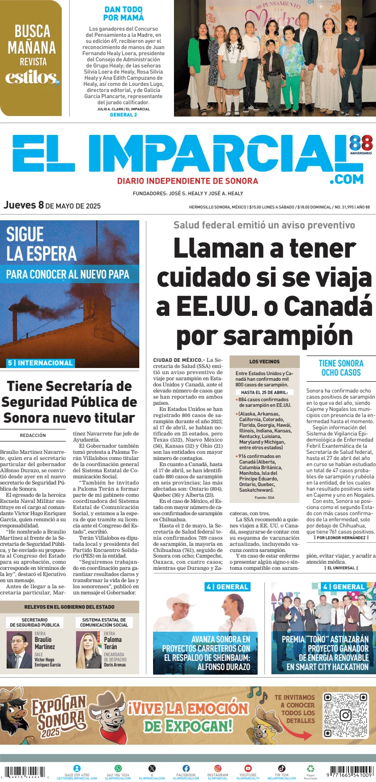 Portada de El Imparcial del jueves, 8 de mayo de 2025
