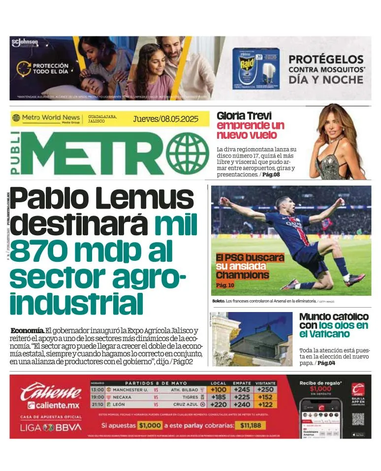 Portada de Publimetro Guadalajara del jueves, 8 de mayo de 2025