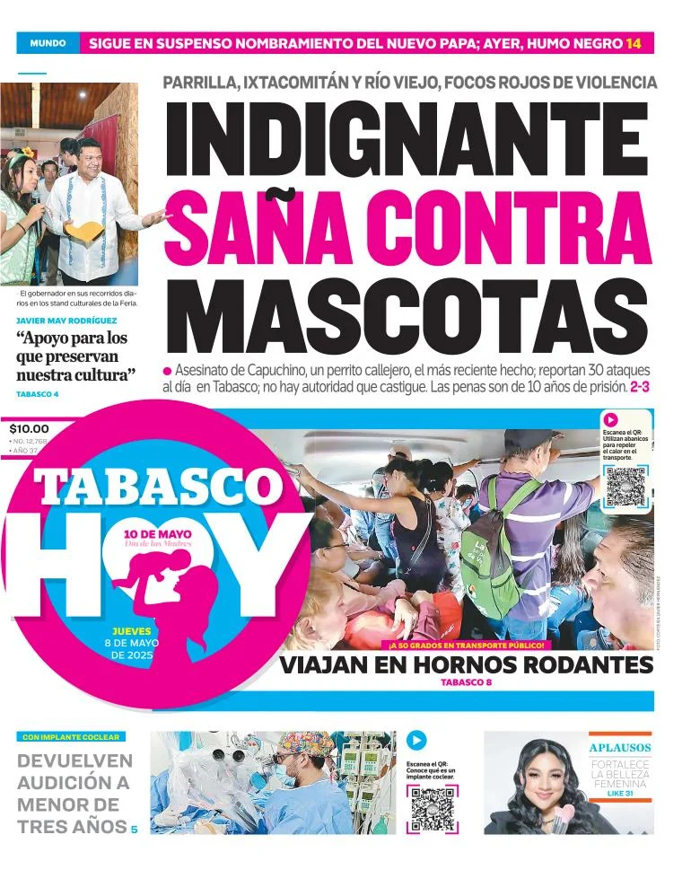 Portada de Tabasco Hoy del jueves, 8 de mayo de 2025