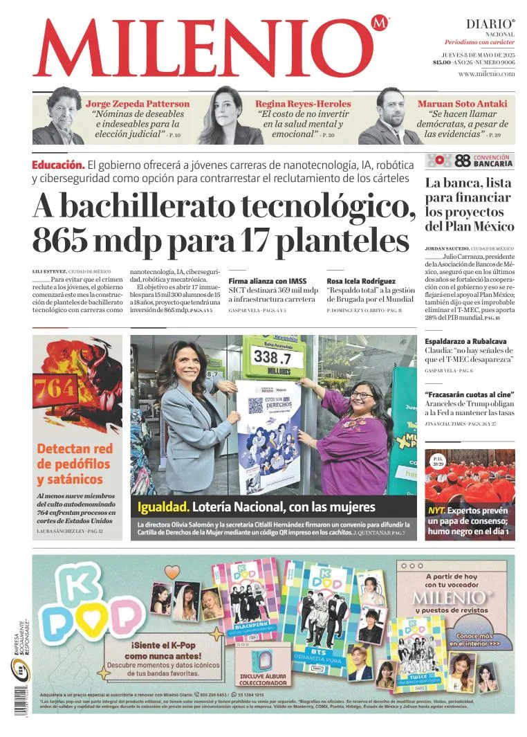 Portada de Milenio del jueves, 8 de mayo de 2025