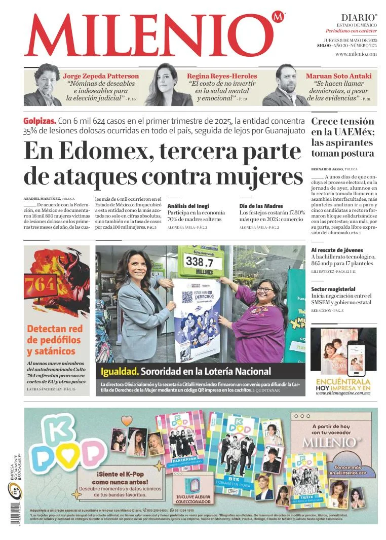 Portada de Milenio Edo de Mexico del jueves, 8 de mayo de 2025