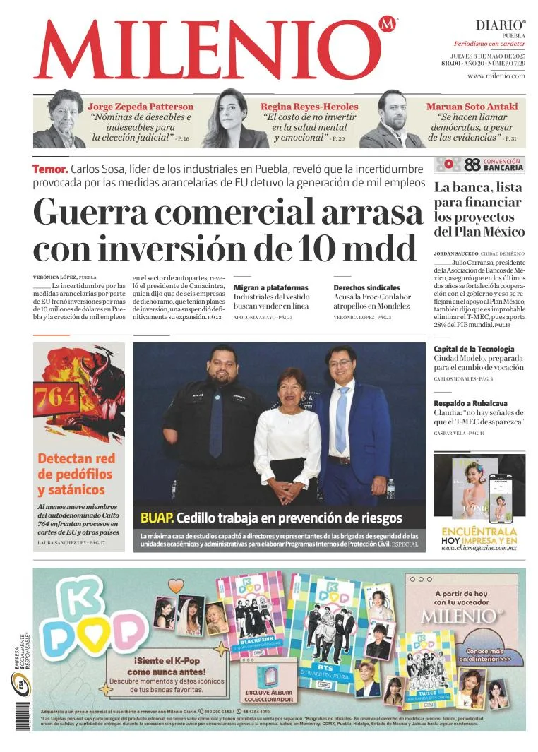 Portada de Milenio Puebla del jueves, 8 de mayo de 2025
