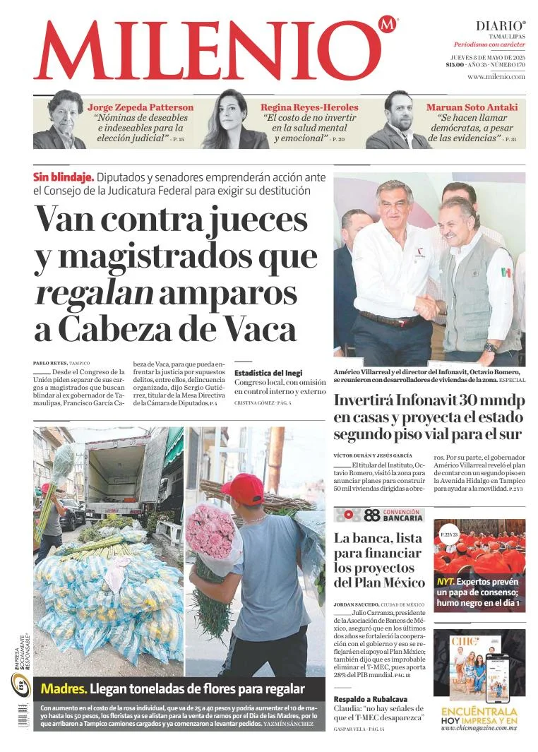 Portada de Milenio Tamaulipas del jueves, 8 de mayo de 2025