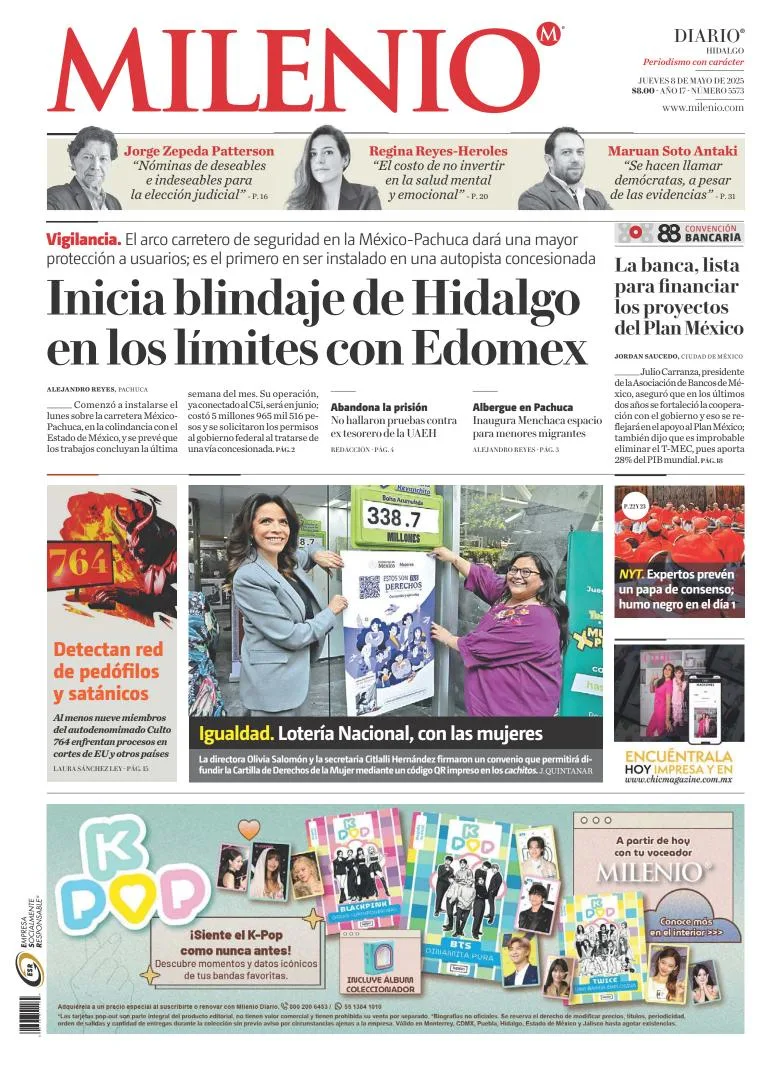 Portada de Milenio Hidalgo del jueves, 8 de mayo de 2025