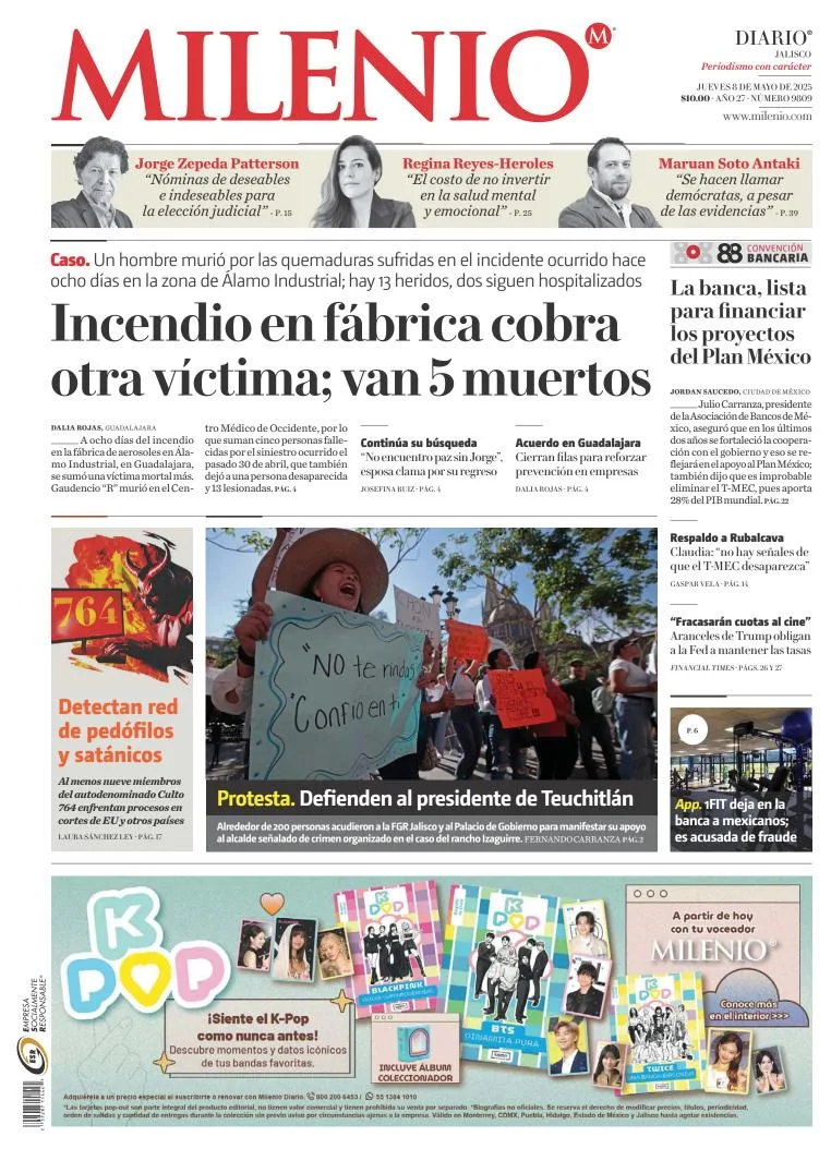 Portada de Milenio Jalisco del jueves, 8 de mayo de 2025