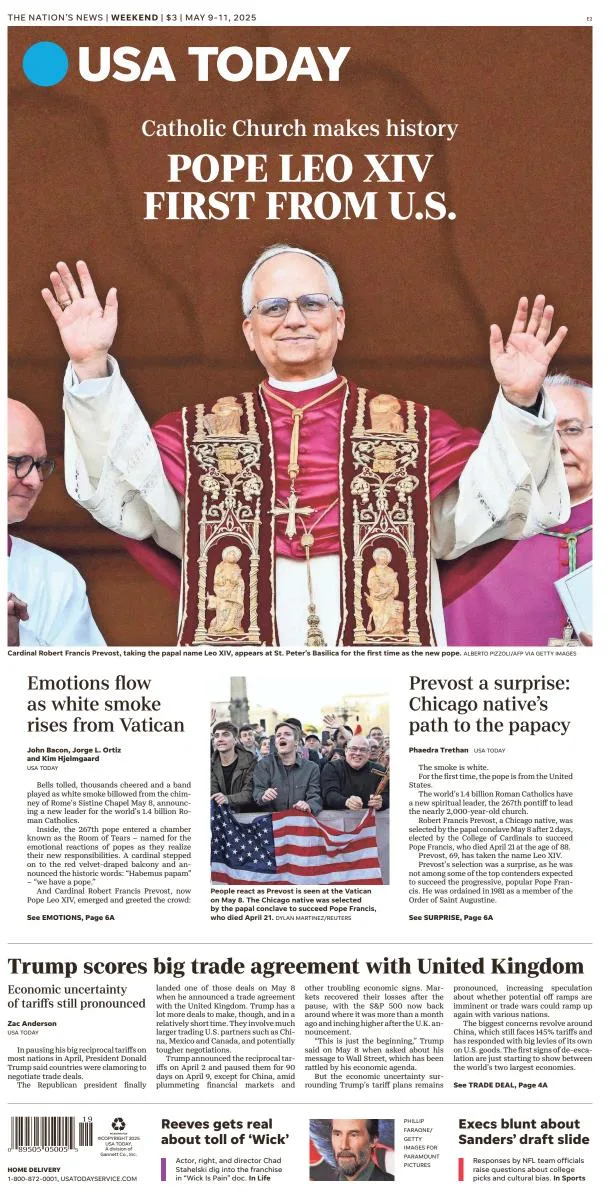 Portada de Usa Today del viernes, 9 de mayo de 2025