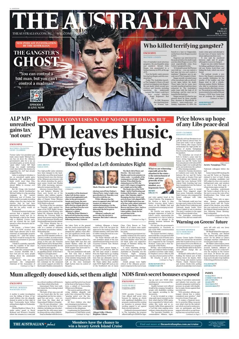 Portada de The Australian del viernes, 9 de mayo de 2025