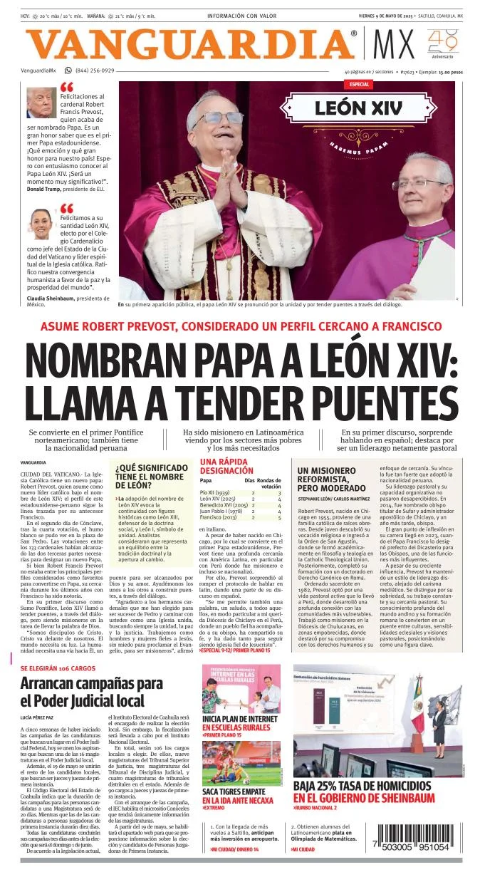 Portada de Vanguardia del viernes, 9 de mayo de 2025