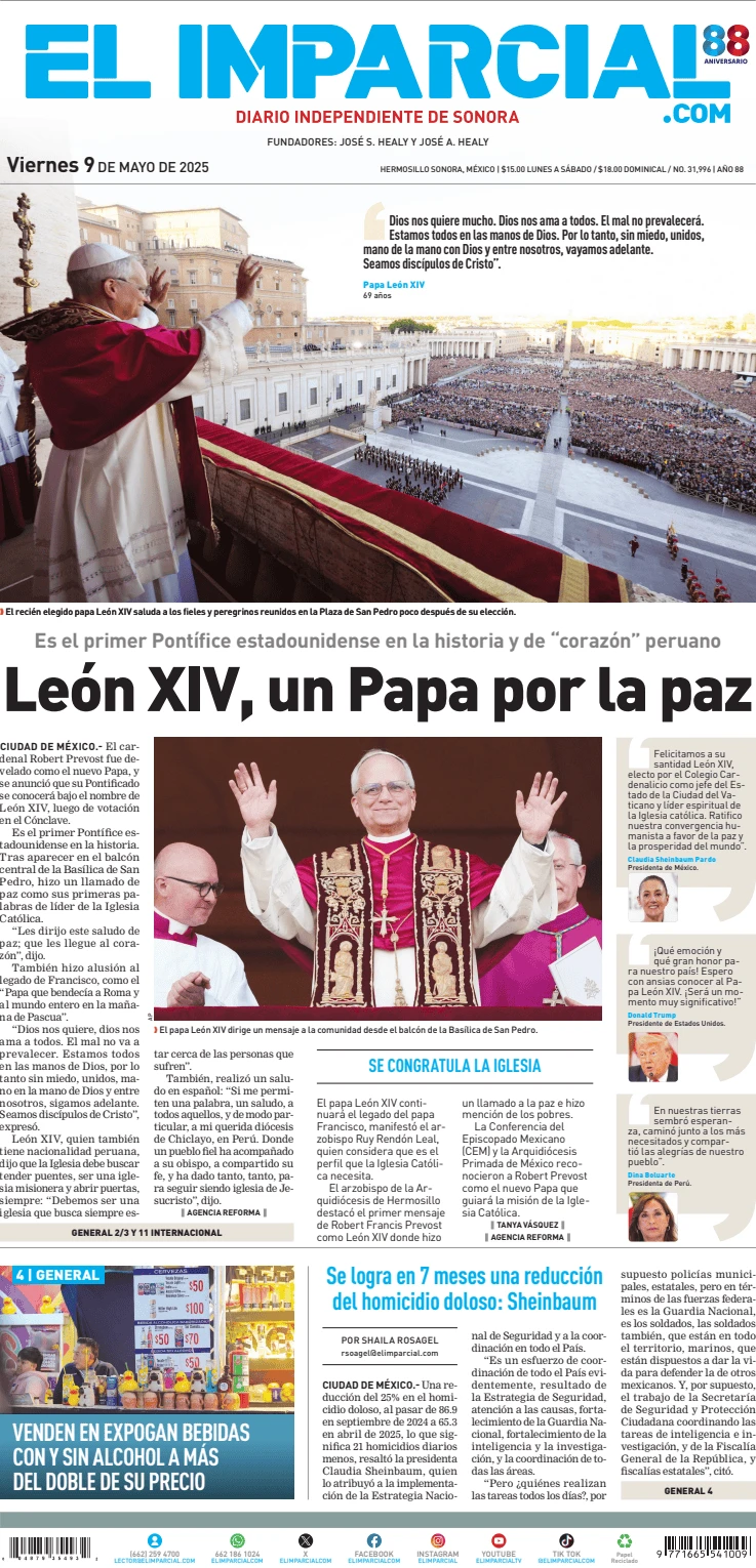 Portada de El Imparcial del viernes, 9 de mayo de 2025