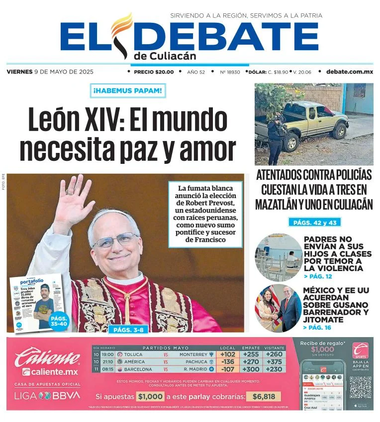 Portada de El Debate de Culiacan del viernes, 9 de mayo de 2025