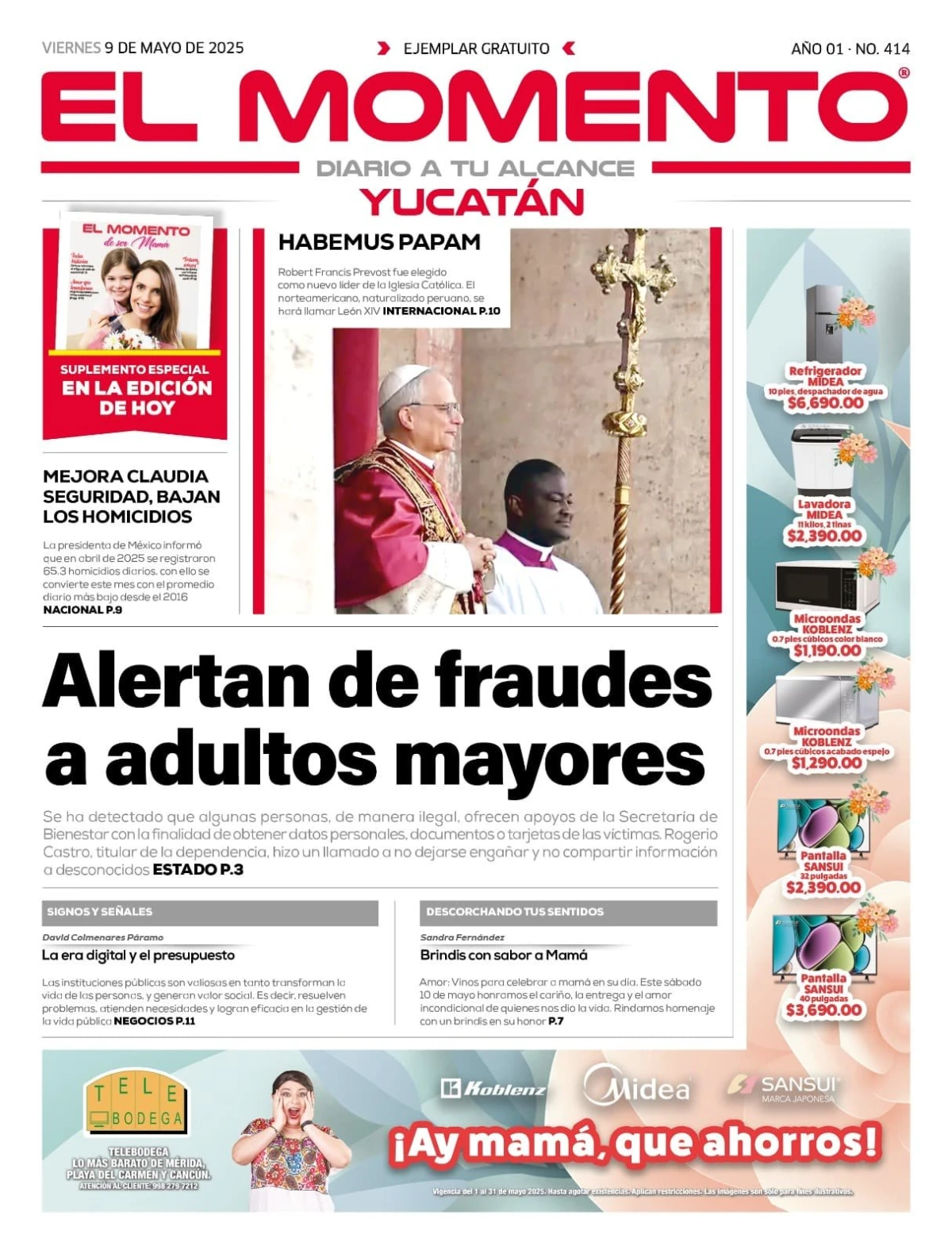 Portada de El Momento Yucatan del viernes, 9 de mayo de 2025