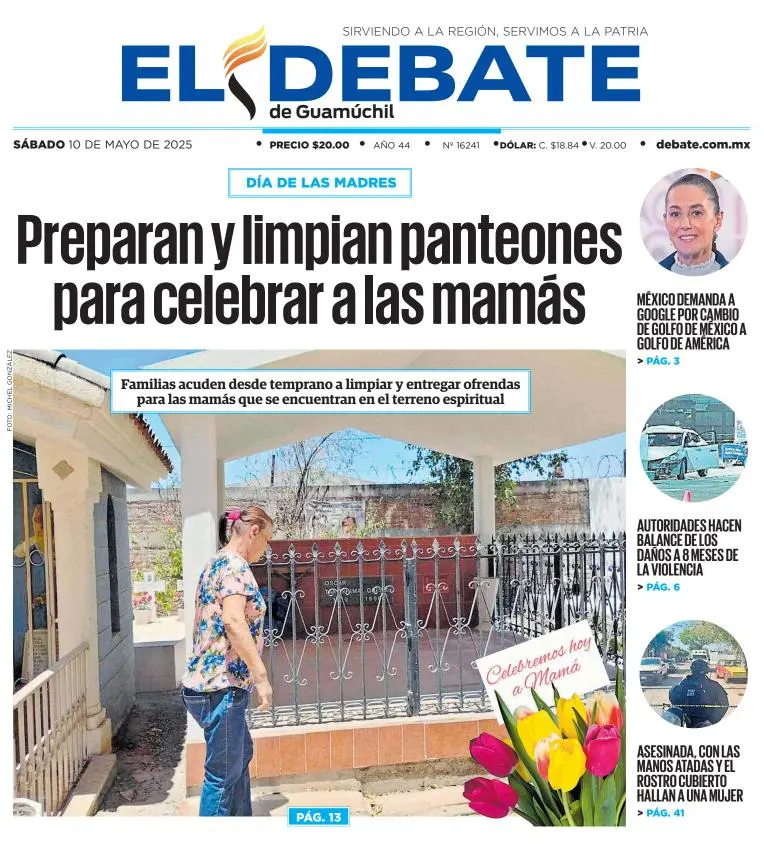 Portada de El Debate de Guamuchil del sábado, 10 de mayo de 2025