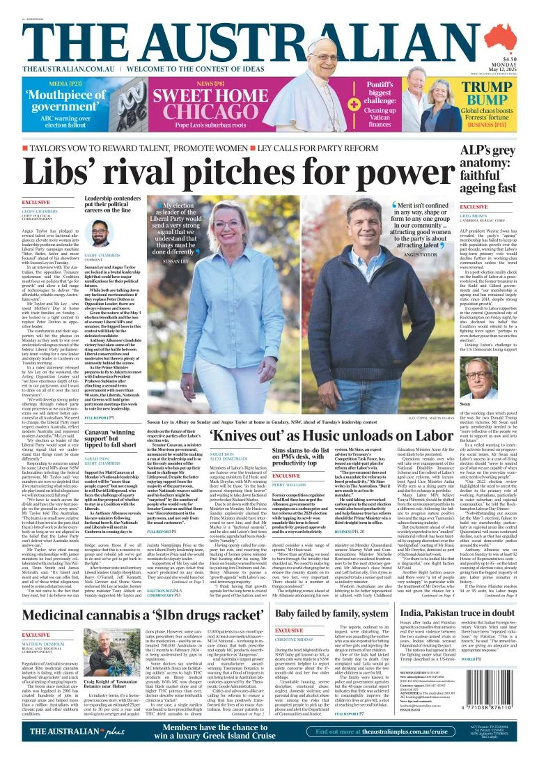 Portada de The Australian del lunes, 12 de mayo de 2025