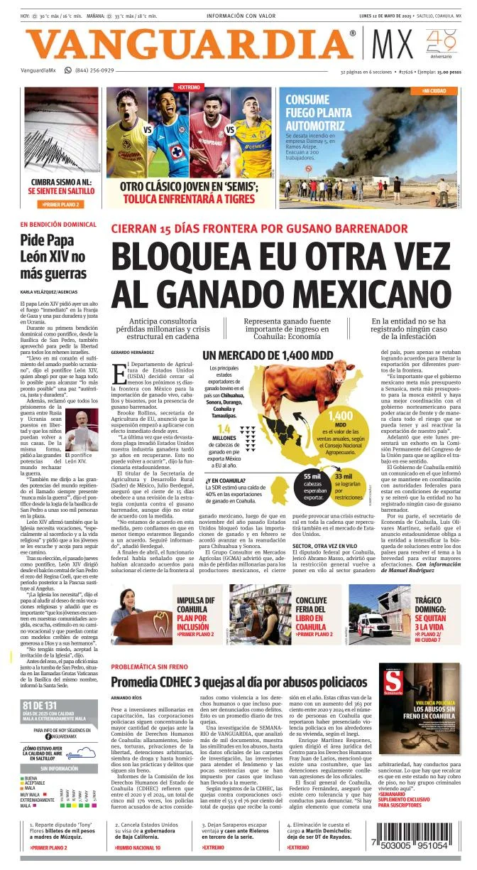 Portada de Vanguardia del lunes, 12 de mayo de 2025