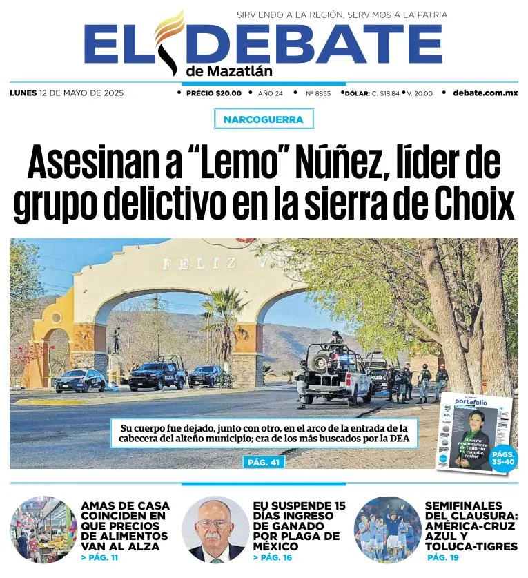 Portada de El Debate de Mazatlan del lunes, 12 de mayo de 2025