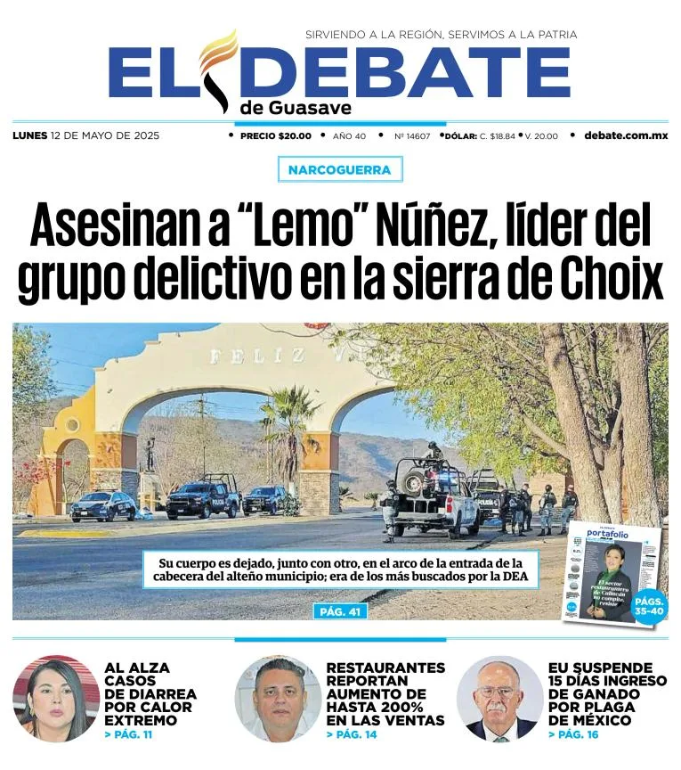 Portada de El Debate de Guasave del lunes, 12 de mayo de 2025