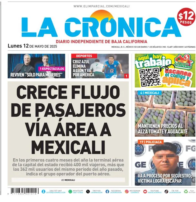 Portada de La Cronica del lunes, 12 de mayo de 2025