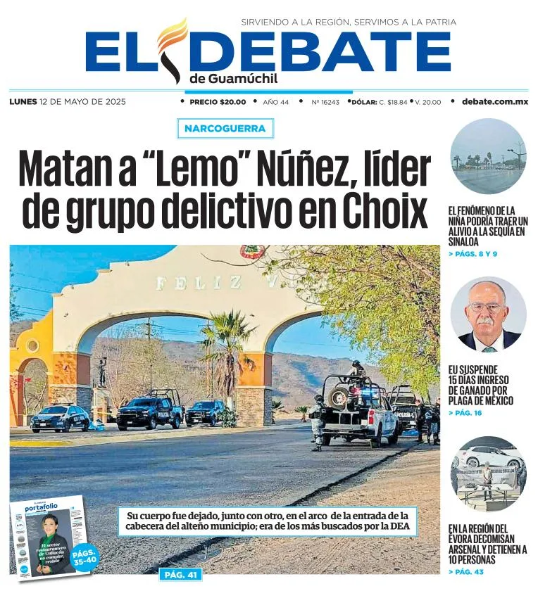 Portada de El Debate de Guamuchil del lunes, 12 de mayo de 2025