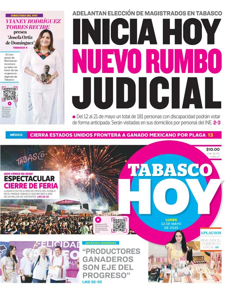 Portada de Tabasco Hoy del lunes, 12 de mayo de 2025