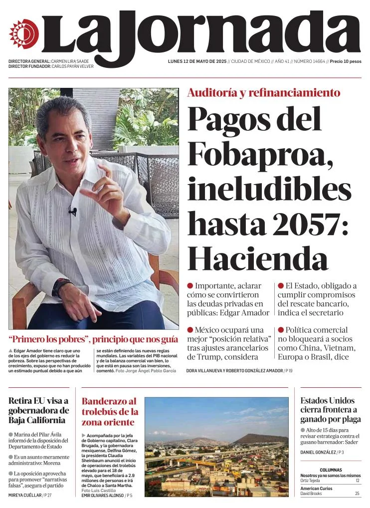 Portada de La Jornada del lunes, 12 de mayo de 2025