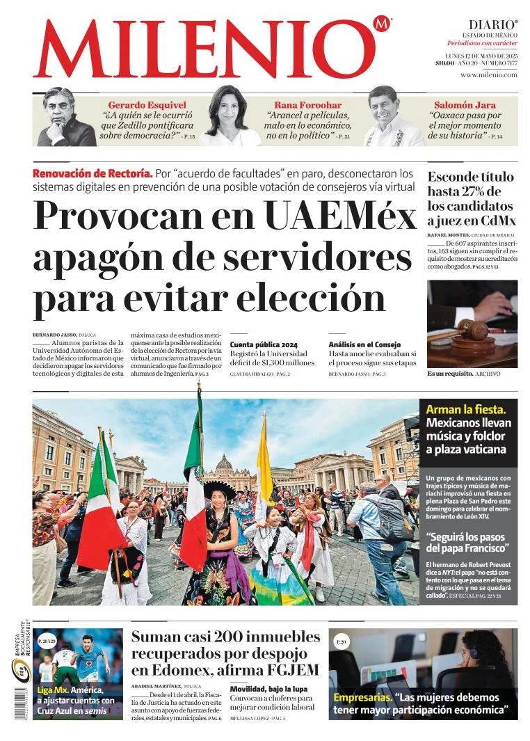 Portada de Milenio Edo de Mexico del lunes, 12 de mayo de 2025