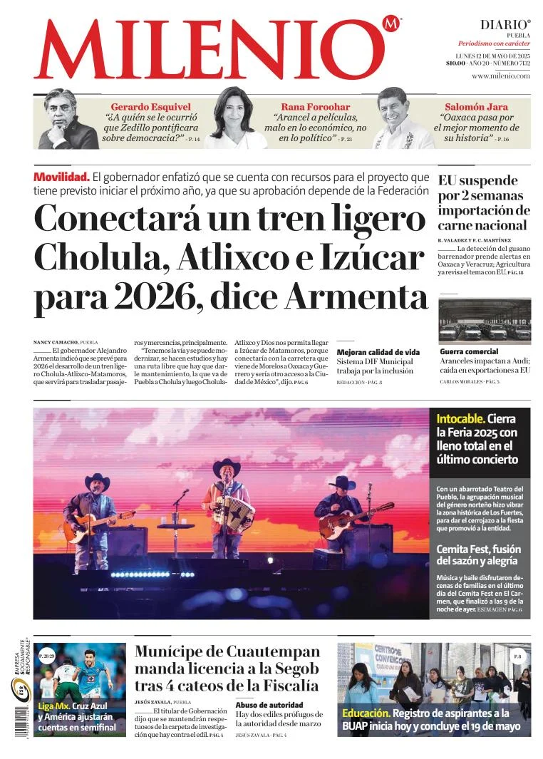 Portada de Milenio Puebla del lunes, 12 de mayo de 2025