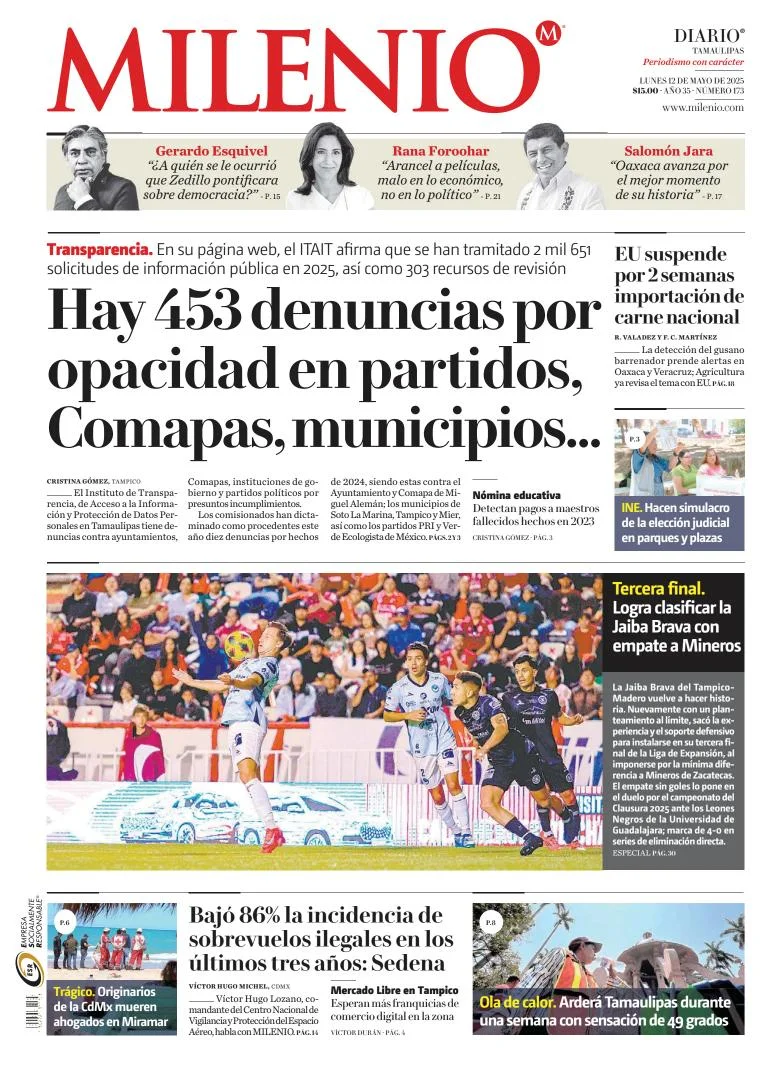 Portada de Milenio Tamaulipas del lunes, 12 de mayo de 2025