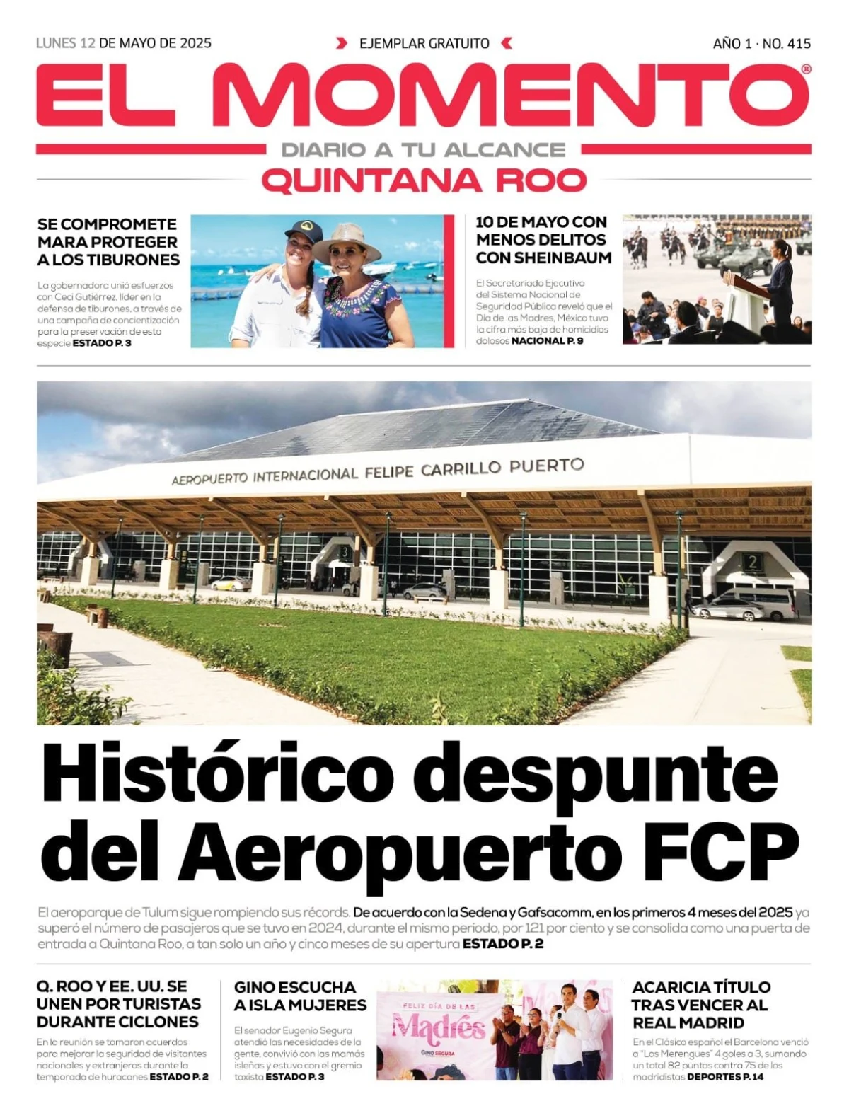 Portada de El Momento Quintana Roo del lunes, 12 de mayo de 2025