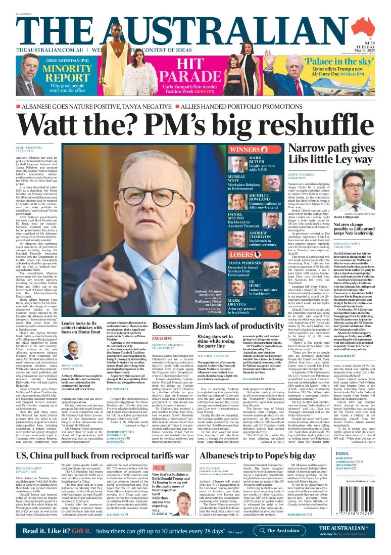 Portada de The Australian del martes, 13 de mayo de 2025