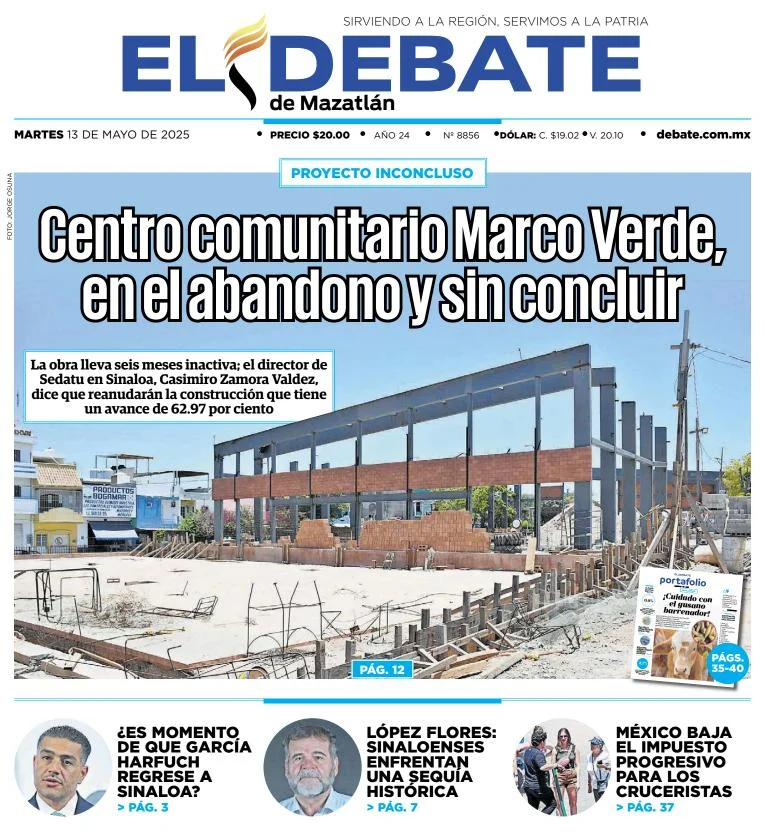 Portada de El Debate de Mazatlan del martes, 13 de mayo de 2025