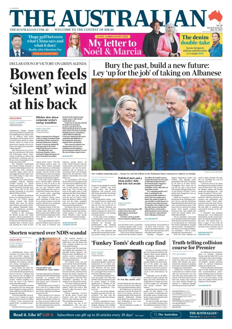 Portada de The Australian del miércoles, 14 de mayo de 2025