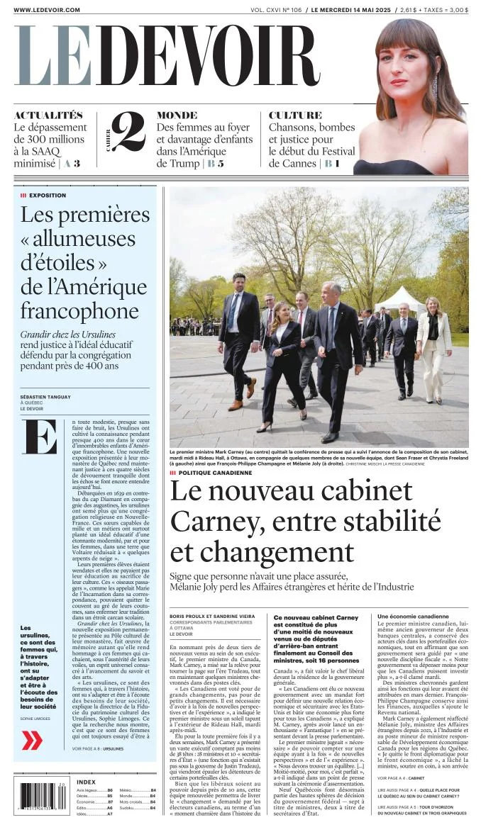 Portada de Le Devoir del miércoles, 14 de mayo de 2025