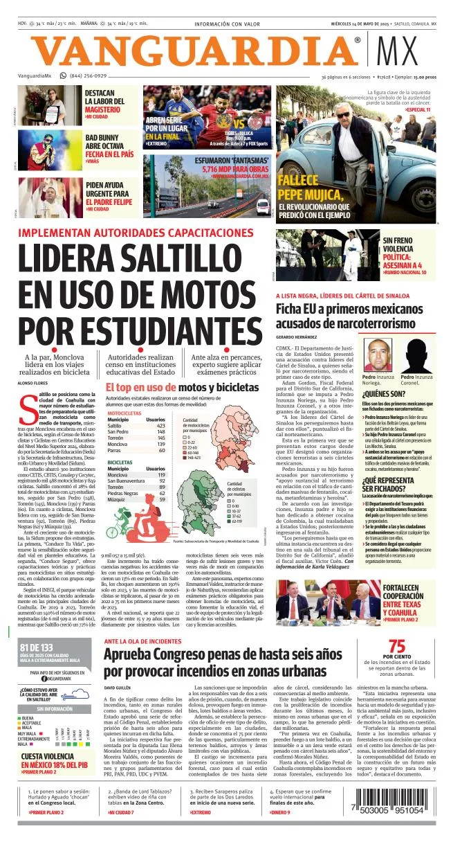 Portada de Vanguardia del miércoles, 14 de mayo de 2025
