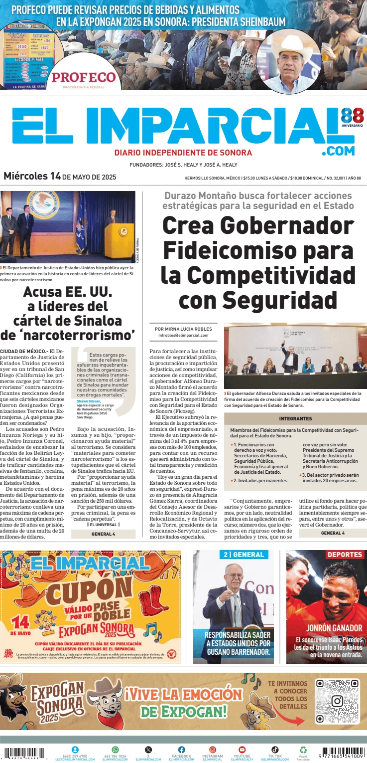 Portada de El Imparcial del miércoles, 14 de mayo de 2025