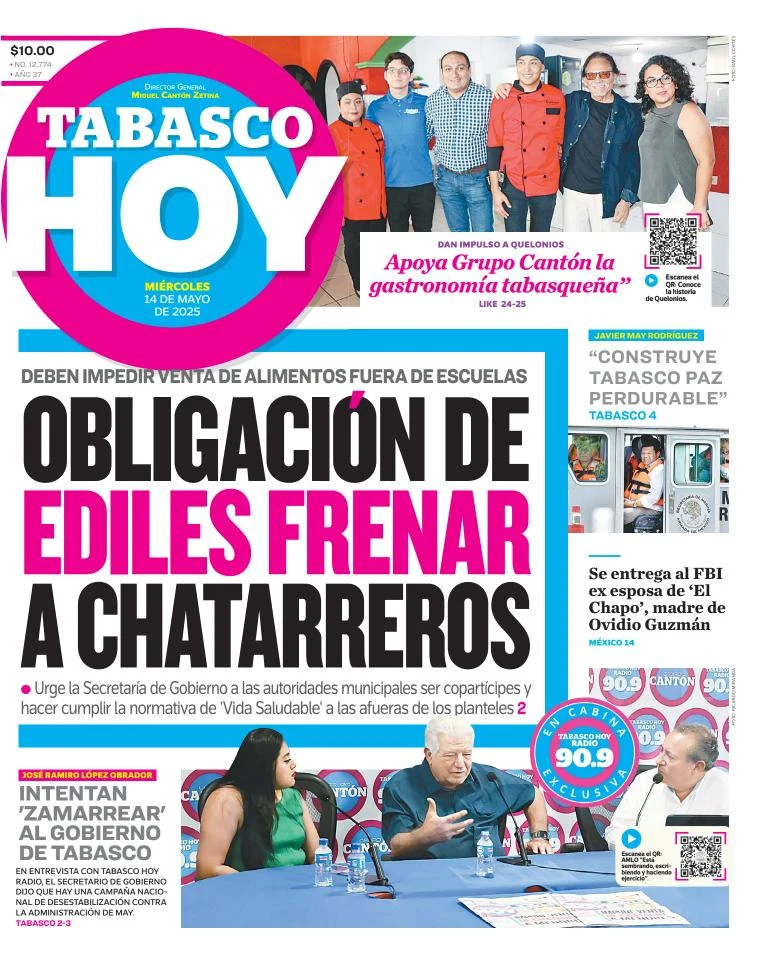 Portada de Tabasco Hoy del miércoles, 14 de mayo de 2025