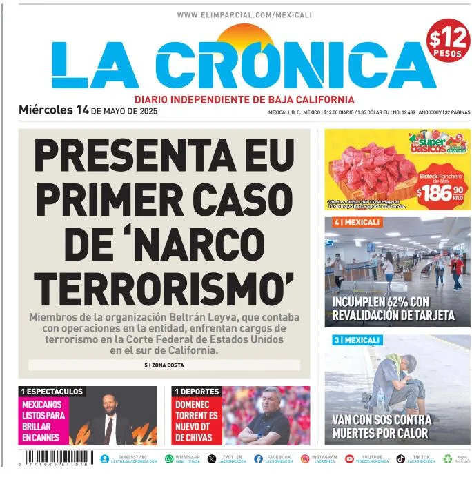 Portada de La Cronica del miércoles, 14 de mayo de 2025