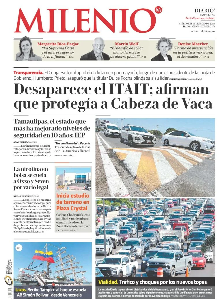 Portada de Milenio Tamaulipas del miércoles, 14 de mayo de 2025