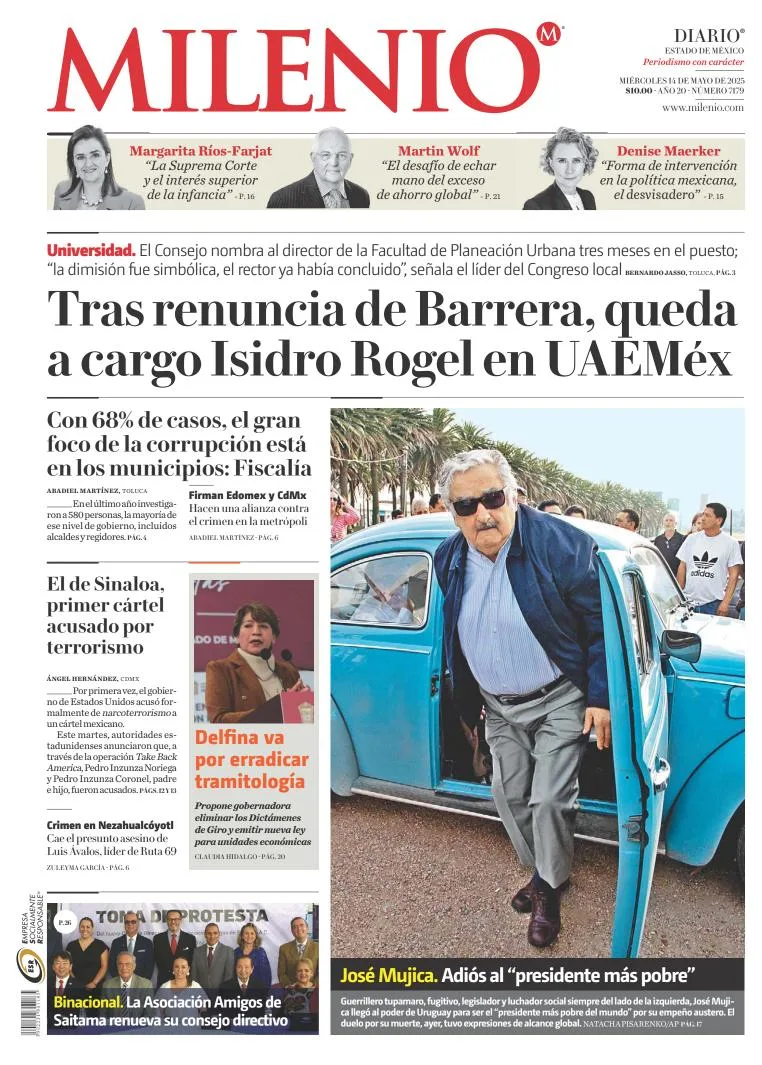 Portada de Milenio Edo de Mexico del miércoles, 14 de mayo de 2025