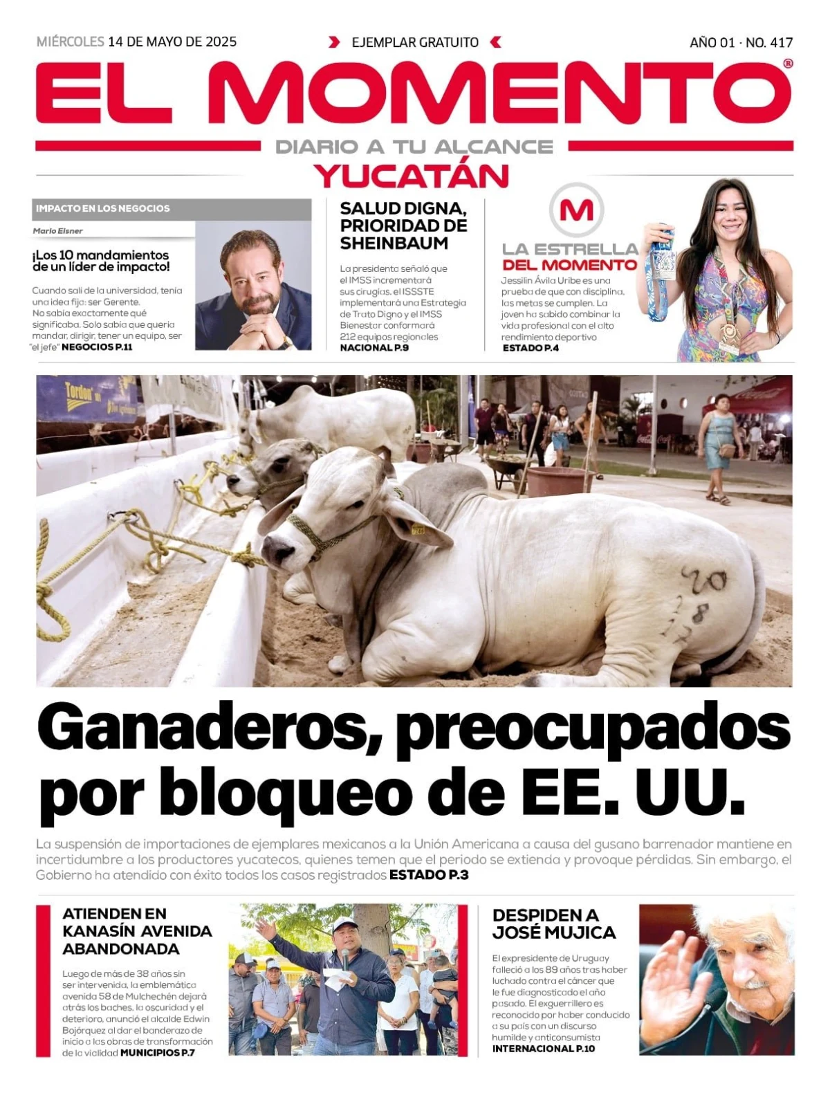Portada de El Momento Yucatan del miércoles, 14 de mayo de 2025