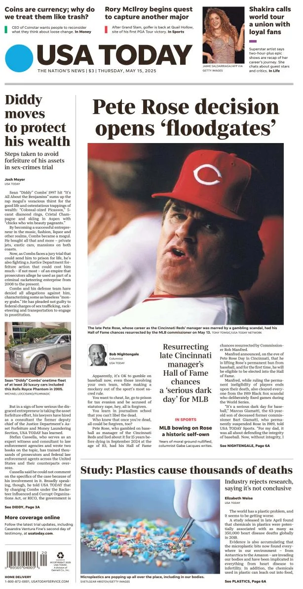 Portada de Usa Today del jueves, 15 de mayo de 2025