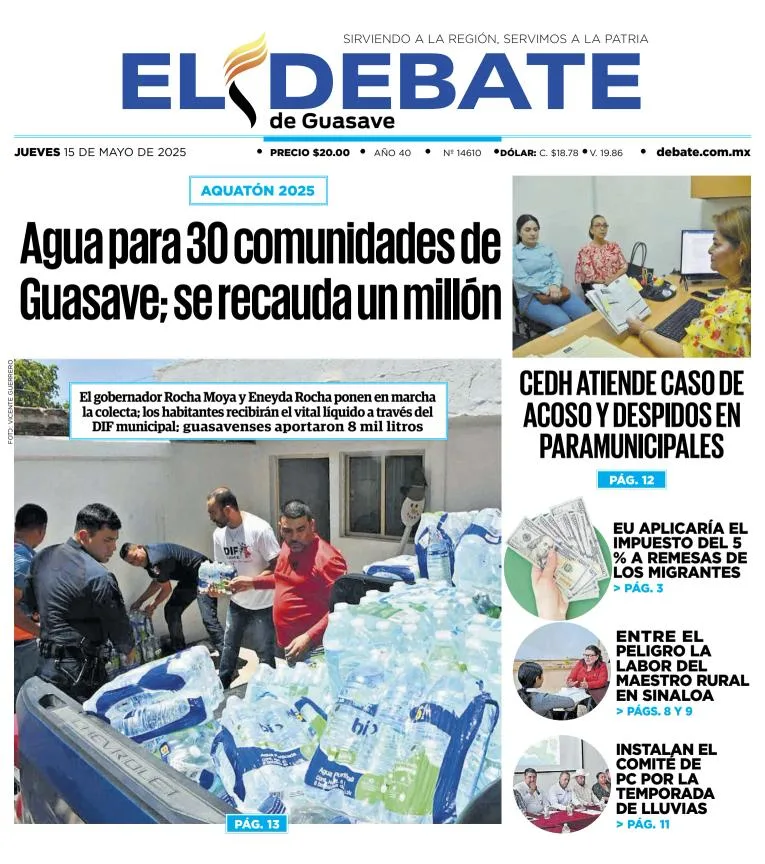 Portada de El Debate de Guasave del jueves, 15 de mayo de 2025