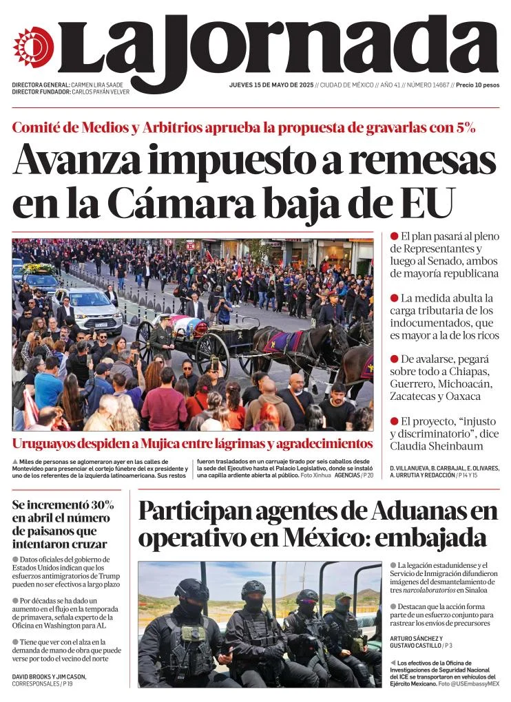 Portada de La Jornada del jueves, 15 de mayo de 2025