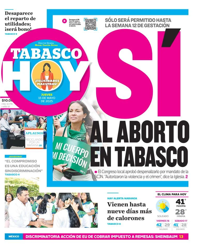 Portada de Tabasco Hoy del jueves, 15 de mayo de 2025