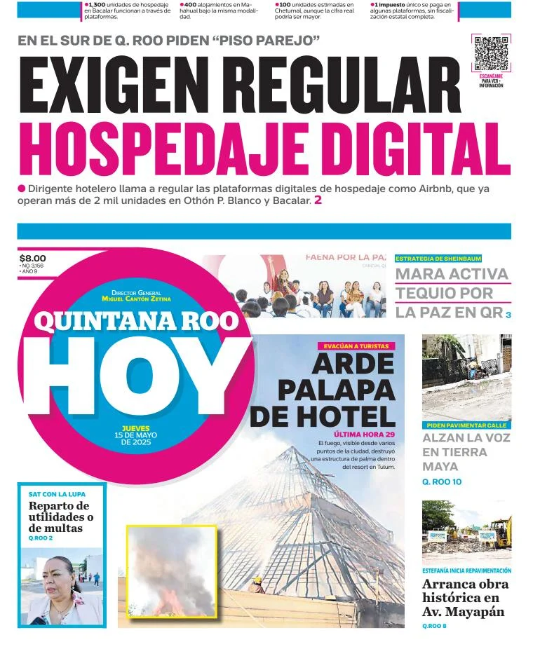 Portada de Quintana Roo Hoy del jueves, 15 de mayo de 2025