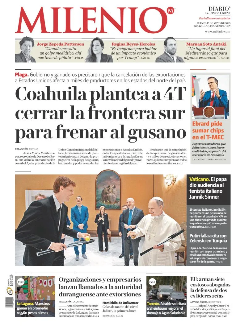 Portada de Milenio Laguna del jueves, 15 de mayo de 2025