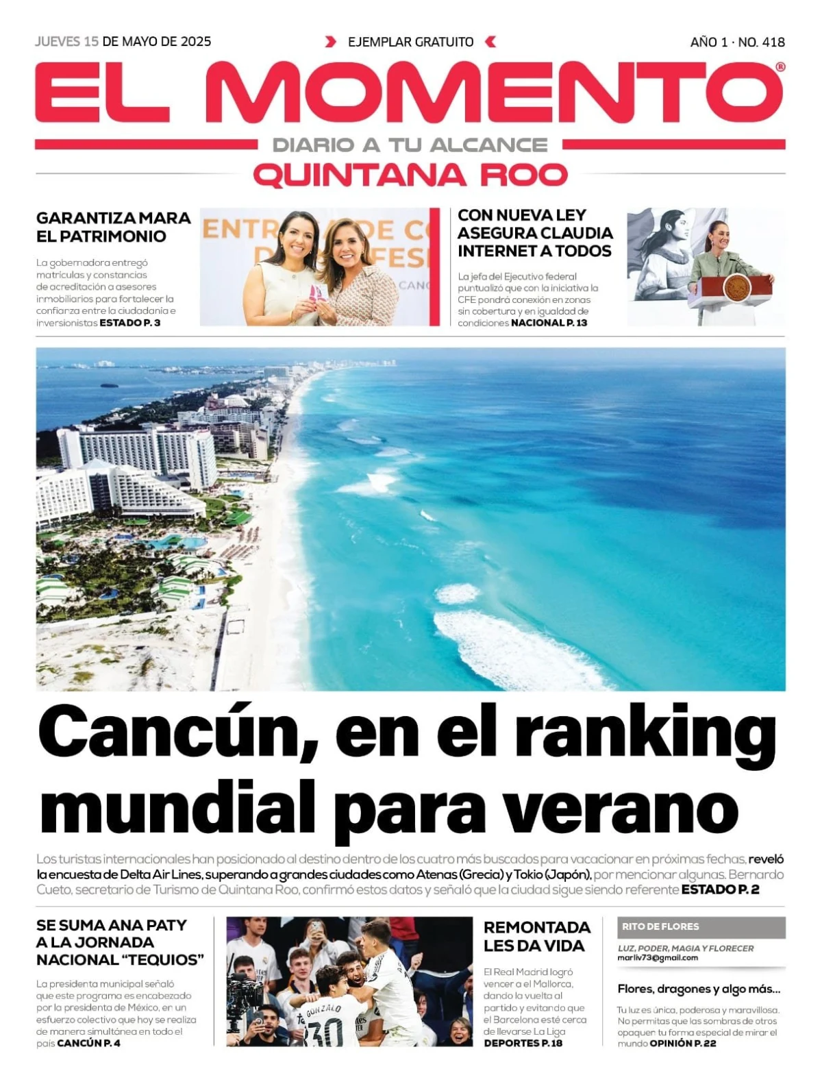 Portada de El Momento Quintana Roo del jueves, 15 de mayo de 2025